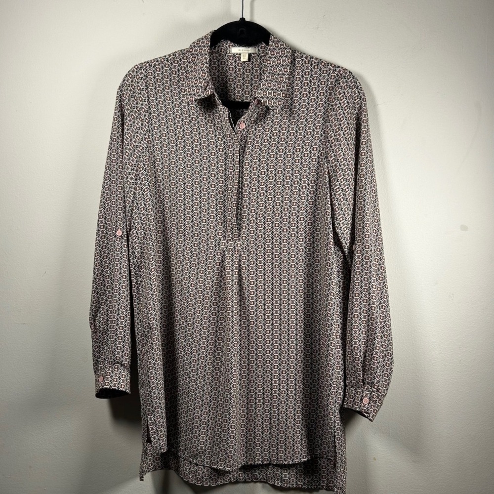 Pleione Tunic Blouse Womens XS Pink Black Geometric Diamond Long Sleeve Modern